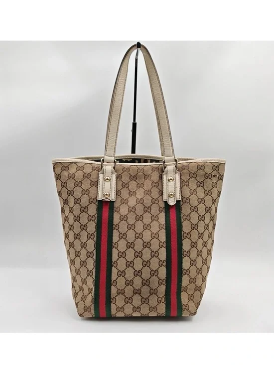Gucci Beige GG Canvas Tote with Green-Red Stripe - Picture 5 of 14